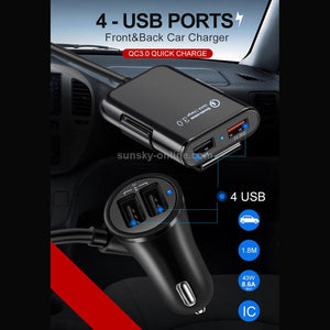 Chargeur de voiture USB 1,8 m 8A Max 4 ports avec concentrateur USB extensible pour le chargement des sièges avant et arrière (noir)