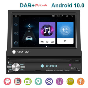 1 Din Android 10 Car Radio Autoradio 7" Retractable Touch Screen GPS Wifi BT FM RDS AUX Stereo Auto Radio