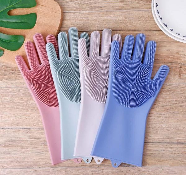 Gants magiques réutilisables en silicone avec brosse de nettoyage